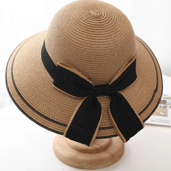 Accessories - Women's Floppy Straw Boho Hat with Black Bow Trim Detail - NEW